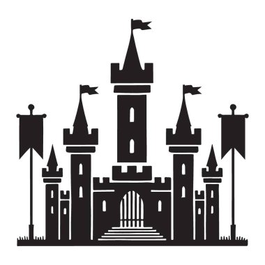 Ortaçağ şatosunun detaylı vektör silueti fantezi oyunları, kitap çizimleri veya tarihi projeler için mükemmel. Güçlü mimari ve karmaşık detaylar.