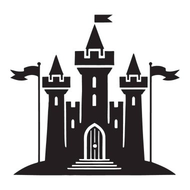 Bir fantezi şatosunun ayrıntılı vektör silueti peri masalı kitaplarında, oyunlarda ve dizaynda kullanılmak için idealdir. Klasik tasarım elementleri ve büyülü bir görünüm..