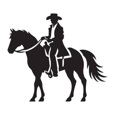 Klasik siluet, ata binen bir kovboyun tasviri. Bu vektör sanatı Vahşi Batı 'nın özünü, macera ve özgürlük ruhunu yansıtıyor..