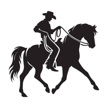 At süren bir kovboyun siluet çizimi. Batı yaşam tarzını ve binicilik ruhunu temsil ediyor. Şeffaf arkaplan.