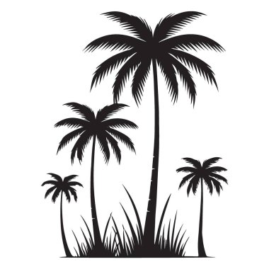 Palmiye ağaçları silüet vektör çizimi, tropik tatil, tatil ve ada temalı tasarımlar için mükemmel. Posterler, logolar ve web sitesi grafikleri için ideal.