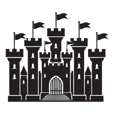 Birden fazla kulesi, siperleri ve dalgalı bayrakları olan bir ortaçağ kalesinin detaylı vektör çizimi. Tarihi ve fantezi temalı tasarımlar için mükemmel kemerli girişi olan güçlü bir kale..