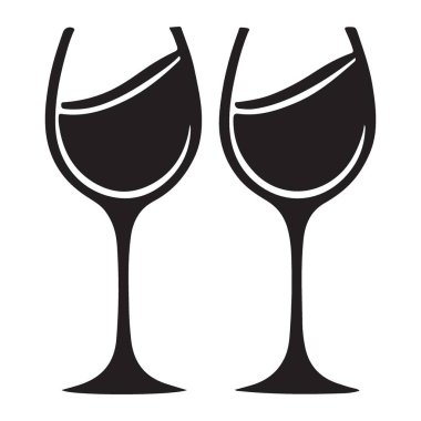Şarapla dolu iki şarap kadehi. Basit siyah bir siluet, zarafet ve kutlama sunar. Bu grafik menüler, davetiyeler ve şarapla ilgili tasarımlar için mükemmel. Şerefe.!
