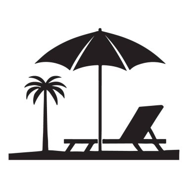 Plaj sandalyesi, şemsiyesi ve palmiyesi olan tropik bir plaj sahnesi. Bu siluet tasarımda sembolize edilmiş rahatlatıcı bir kaçış, seyahatle ilgili projeler ve huzurlu bir tatil atmosferi için mükemmel..
