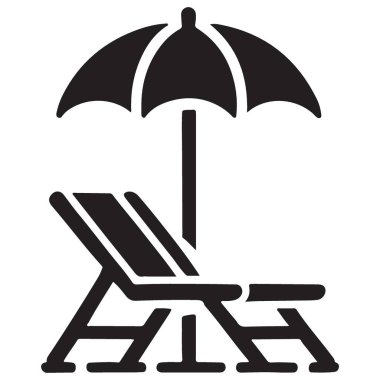 Gölgeli bir şemsiyeyle şezlonga sergilenen sakin bir kumsal. Bu minimalist siyah silüet çizimi rahatlamayı çağrıştırıyor ve tatil tasarımları ve promosyon malzemeleri için mükemmel..