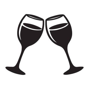 Kutlama kadehinde birbirine vurulan iki şarap kadehinin silüeti. Başarı ve başarıyı kutlayan etkinlikler, partiler veya tasarımlar için mükemmel grafik.