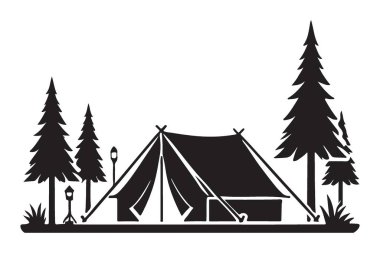 Ağaçlarla çevrili bir kamp çadırının siluet vektör çizimi. Açık hava macerası, eğlence ya da kamp temalı tasarımlar için ideal. Doğa ve macera aşıkları için mükemmel..