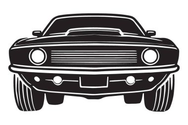 Çarpıcı bir siluet çizimi klasik bir kaslı arabanın ön görüntüsünü yakalıyor. Projeleri için klasik bir estetik arayan otomotiv meraklıları ve grafik tasarımcıları için mükemmel..