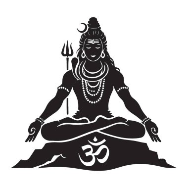Lord Shiva 'nın, Om sembolü siluetiyle meditasyon yaptığı vektör illüstrasyonu. Hindu tanrılığı sanat eserleri ruhani ve dini tasarımlar için mükemmeldir. Yazdırılabilir vektör tasarımı.