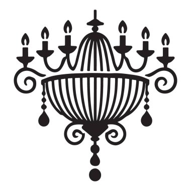 Bir avizenin zarif siluet vektör çizimi. Dekoratif projeler, baskılar ve yaratıcı tasarımlar için dahili ışıklandırma ögesi.