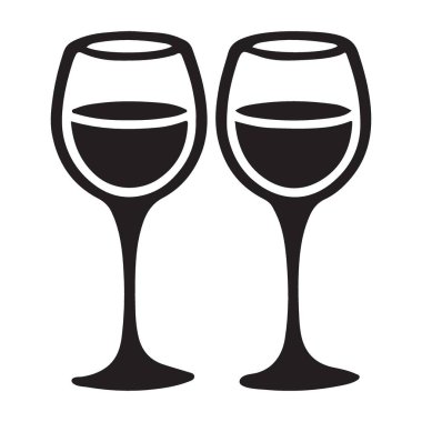 Şarapla dolu iki şarap kadehinin siluet vektör grafiği. Romantik durumlar, kutlamalar ve özel anlara kadeh kaldırmak için ideal bir tasarım..