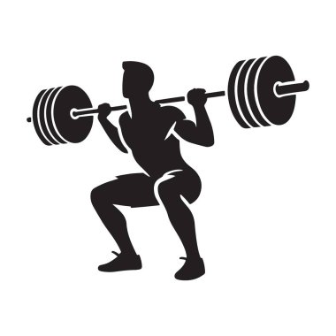 Halterciyle çömelmiş güçlü bir halterci silueti. Bu vektör çizimi, uygunlukla ilgili projeler ve tasarımlar için ideal güç ve kararlılığı yakalar.