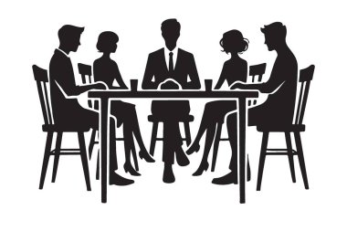 Masanın etrafında beş kişinin olduğu bir iş toplantısı. Bu siluet resmi resmi bir tartışma veya iş veya takım işbirliği için uygun beyin fırtınası oturumunu betimler.