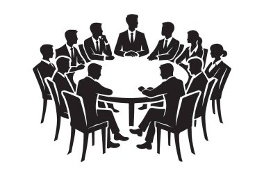 Yuvarlak masa etrafında toplanıp iş stratejisini tartışan bir grup insanın siluet çizimi. İşbirliği, takım çalışması ve stratejik planlamayı resmetmek için bir vektör resmi.