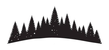 Manzara tasarımları, doğa temaları ve kış projeleri için ideal, eğri tabanlı orman ağaçlarının siluetini gösteren bir illüstrasyon. Siluetler çarpıcı doğa çizimleri yaratıyor..