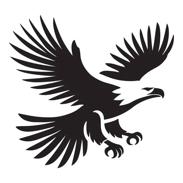 Siyah ve beyaz siluet vektör çizimi, uçan kel bir yırtıcı kartal kuşunun resmi. Doğa temalı projeler için mükemmel.