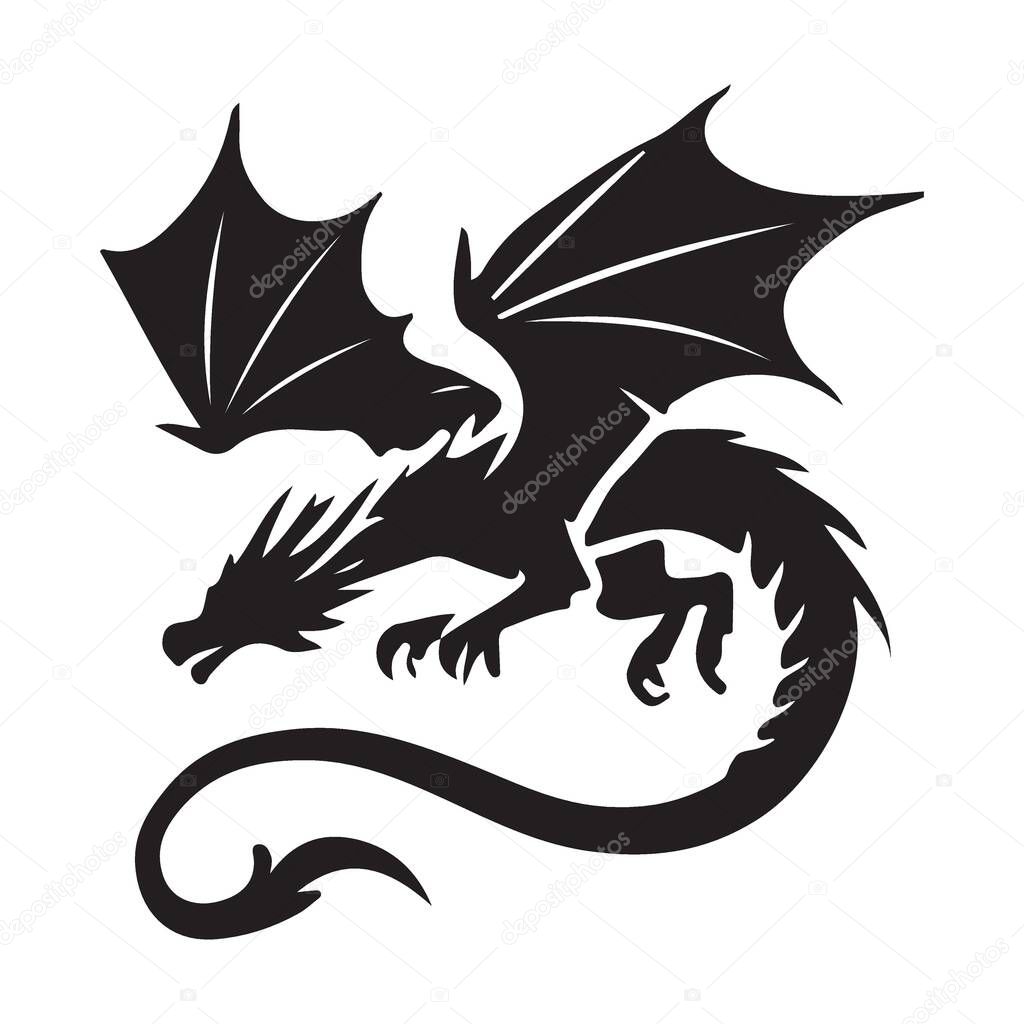 Graceful silhouette of a flying dragon soaring through the skies. Perfect for fantasy, mythical, and magical themes. A powerful flying dragon.
