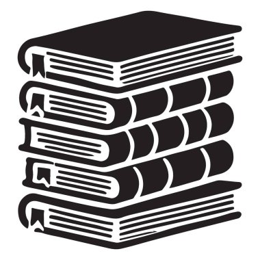 Yer imleriyle dolu beş kitap yığınının siyah vektör çizimi. Eğitim içeriği, kütüphaneler, okuma promosyonları ve kitapla ilgili tasarımlar için mükemmel..