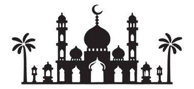 İslami mimari, inanç ve kültürü temsil eden minareleri ve palmiyeleri olan bir caminin silüeti. Dini temalar için mükemmel.