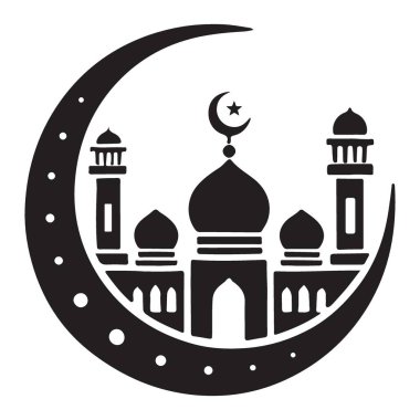 Hilal Ay 'ın silüeti vektör resimli cami. İslam tasarımı, Ramazan ile ilgili materyal ve projeler için mükemmel.