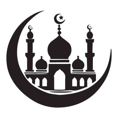 Hilal ay ile çevrili bir caminin çarpıcı bir çizimi, İslami temalar için mükemmel. Bu yüksek kalite siluet vektörünü, ruhani bir dokunuşa ihtiyaç duyan posterler, davetiyeler veya grafik tasarımlar için kullanın.