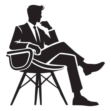 Takım elbiseli sofistike bir iş adamının vektör illüstrasyonunu indir, düşünceli bir şekilde sandalyede oturuyor. Tasarım projeleriniz için yüksek kaliteli siluet.