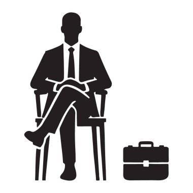Takım elbiseli bir iş adamının vektör siluetini indir, çantasının yanındaki sandalyede otururken. İş ve finans projeleri için ideal.