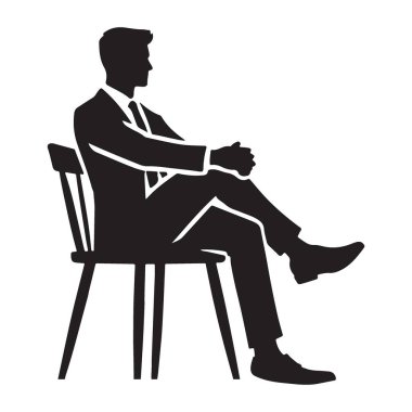 Takım elbiseli, koltukta rahatça oturan kendine güvenen bir iş adamının vektör silueti. Profesyonel veya kişisel projeler için kullan.