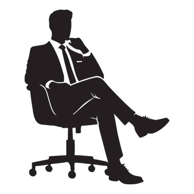 Döner sandalyede oturan takım elbiseli zarif bir iş adamının vektör silüeti. Çeşitli tasarım projelerinde kullanmak için ideal.