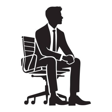Ofis sandalyesinde oturan takım elbiseli ciddi bir işadamı siluetinin vektör grafiği. Profesyonel ya da kurumsal kurumları temsil etmek için harika..