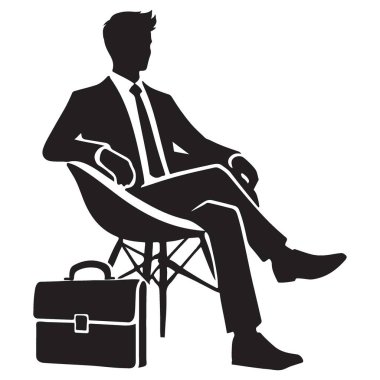 Bir iş adamının şık silüeti, bir çantayla koltukta güvenle otururken resmedilmiş. Profesyonel tasarım projeleri için ideal.