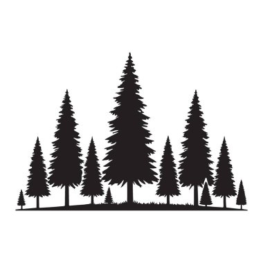 Uzun çam ağaçlarından oluşan bir ormanın çarpıcı silüeti. Doğa temalı tasarımlar ve vahşi doğaya bir dokunuş için mükemmel..