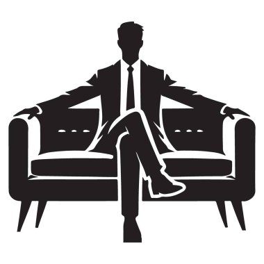 Kanepede uzanan bir iş adamının şık silüeti. Başarı, rahatlama ya da tasarımlarınıza olan güveninizi temsil etmek için ideal..