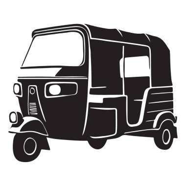 Bir oto çekçek (tuk-tuk) yüksek kaliteli siluet çizimi. Ulaşım tasarımı, seyahat materyalleri veya simge setleri için mükemmel.