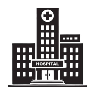 Bir hastane binasının siyah beyaz çizimi. Sağlık hizmetlerini, acil servisleri ve tıbbi tesisleri sembolize eder. Kolay tanınma için klasik tasarım.