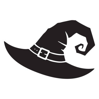 Tokalı bir cadı şapkasının siyah silüeti. Cadılar Bayramı kostümleri, cadılık temaları ve fantezi tasarımları için mükemmel ürkütücü bir aksesuar..