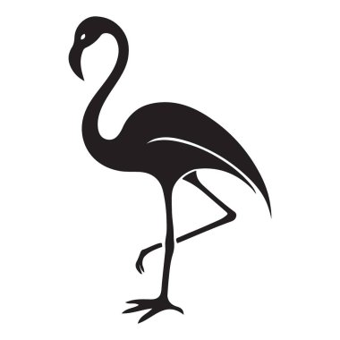 Bir flamingonun siyah bir silueti tek bacağının üzerinde zarif bir şekilde duruyor. Tropikal ortamlar, vahşi yaşam veya zarafetle ilgili tasarımlar için mükemmel..