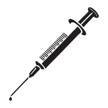 İğne ucunda damla olan tıbbi bir şırınganın detaylı vektör çizimi. Sağlık hizmetleri, aşı kampanyaları ve tıbbi içerik tasarımı için mükemmel. Resimde siyah siluet var..