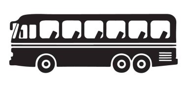 Bir yolcu otobüsü silueti içeren Retro-style vektör sanatı. Ulaşım ile ilgili tasarımlar, klasik projeler ve seyahat çizimleri için mükemmel..