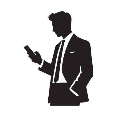 Takım elbiseli bir adamın telefonuna baktığı bir görüntü. Vektör illüstrasyon, kurumsal, iletişim ve iş tasarım projeleri için basit ve modern. Büyük Siluet.