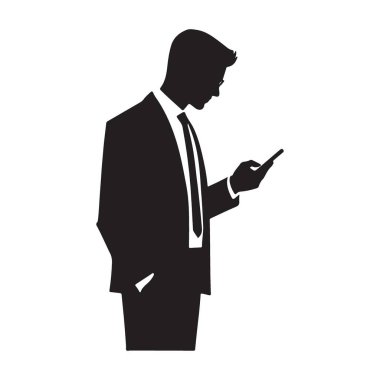 Takım elbiseli bir iş adamının cep telefonunu kullanan basit siyah silueti. Bağlantıyı, teknolojiyi ve iş kavramlarını resmetmek için mükemmel..