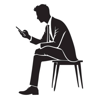 Cep telefonunda emilmiş bir taburede oturan bir işadamı silueti tasviri. Bu vektör görüntüsü sürekli dijital bağlanmanın modern alışkanlığını yakalar.