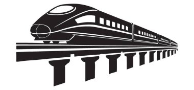 Modern bir yüksek hızlı trenin silüeti yüksek bir pistte modern seyahat ve teknolojinin örneğini sergiliyor. Ulaşım, altyapı veya geleceksel tasarım için mükemmel.