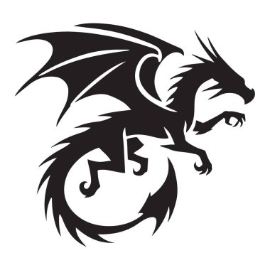 Uçmaya hazır bir ejderhanın etkileyici bir silueti. Fantezi sanat eserleri, oyun görselleri ya da efsanevi bir dokunuşa ihtiyaç duyan herhangi bir tasarım için kullanın. Vektör biçimi.