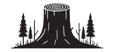 Orman sahnesiyle çevrili ağaç kütüğü siluetinin detaylı bir temsili. Doğa, koruma ve ormanla ilgili tasarımlar için idealdir. Kırsal ve çevresel bir dokunuş ekler.