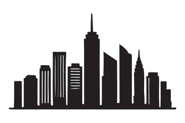 Şehir siluetinin siyah-beyaz çizimi, yüksek binalarıyla şehir manzarasını gözler önüne seriyor..