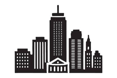 Detaylı mimari unsurları siyah ve beyaz olan bir şehir manzarası içeren bir şehir siluetinin vektör illüstrasyon tasarımı.