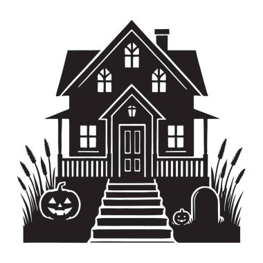 Balkabaklarıyla hayaletli ev silueti çizimi, bir mezar taşı ve yeşillik, Cadılar Bayramı temalı dekorasyon ve tasarımlar için mükemmel..