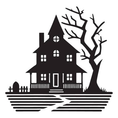 Ölü bir ağaç, çit ve mezar taşı olan ürkütücü perili bir evin siyah siluet vektör çizimi Cadılar Bayramı partisi davetiyeleri ve dekorasyonları için mükemmel. Çizim, vektör tasarımı.