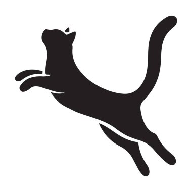 Siyah bir kedinin sıçrayışını gösteren bir vektör sanatı çizimi. Bu zarif siluet kedi zarafeti ve dinamizmi gerektiren projeler için mükemmel..